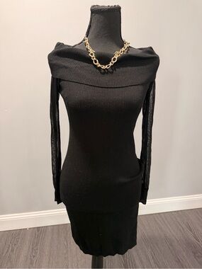 Black Off-Shoulder Ribbed Sweater Dress-sheer sleeves